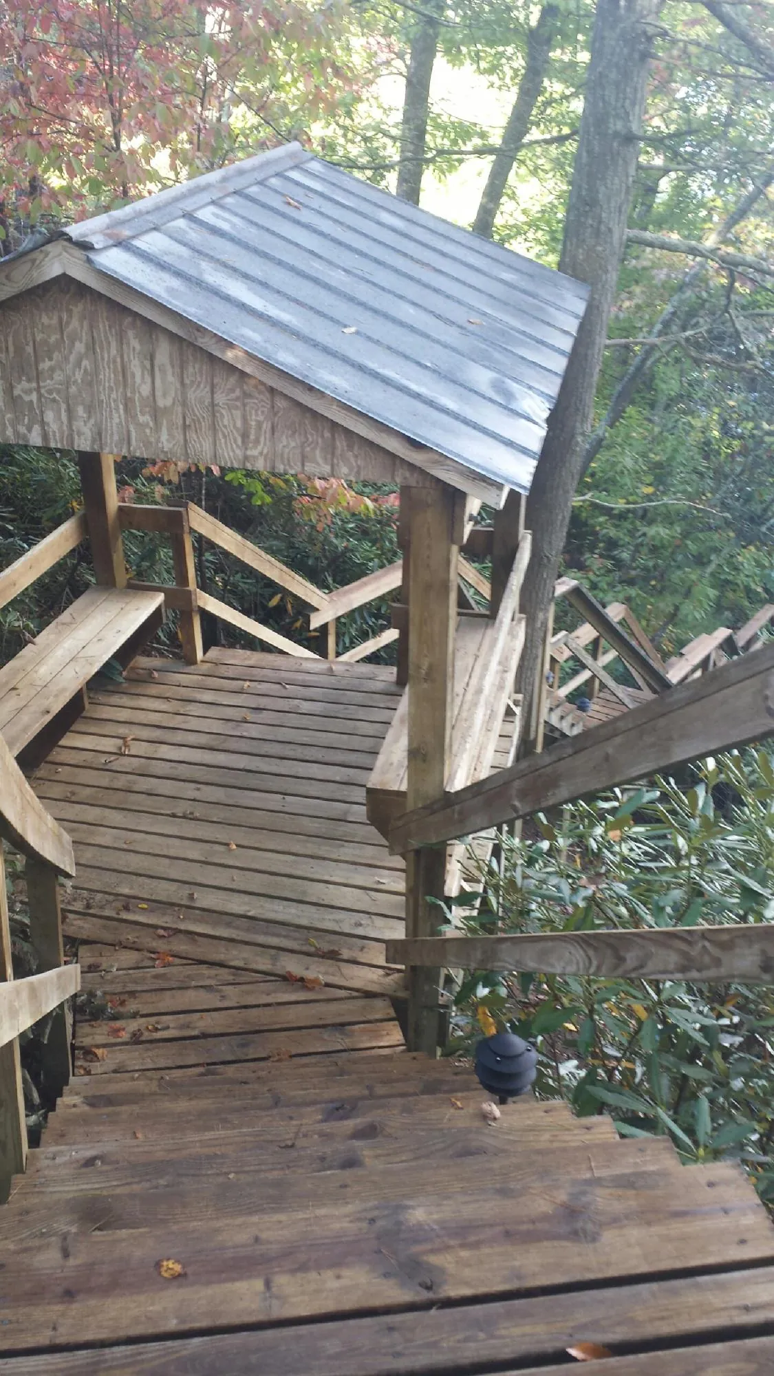 Metal roofed shelter over wooden steps on a wooded walkway — Skylight Repair & Installation work by our crew in Moffit